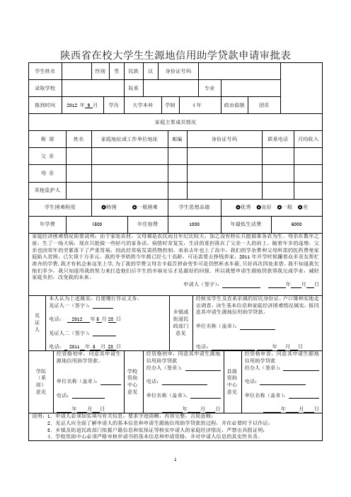 陕西省在校大学生生源地信用助学贷款申请审批表