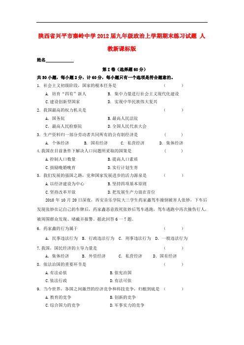 陕西省兴平市秦岭中学九年级政治上学期期末练习试题 人教新课标版