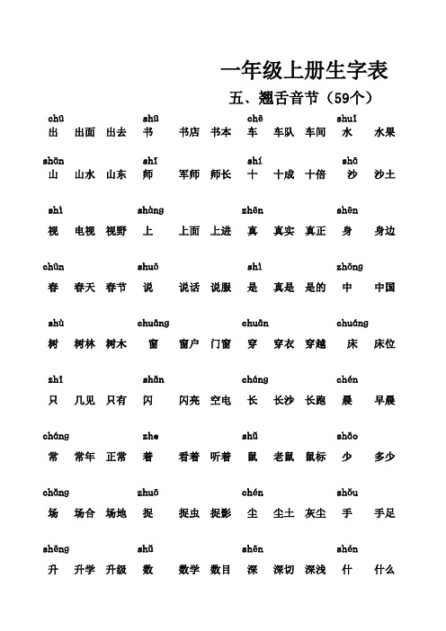 小学一年级语文上册生字表