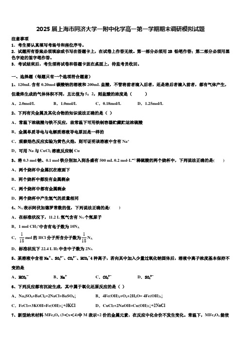 2025届上海市同济大学一附中化学高一第一学期期末调研模拟试题含解析