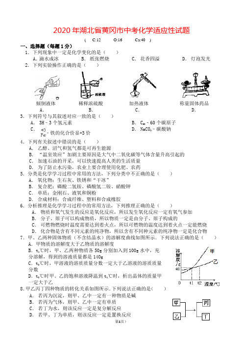 2020年湖北省黄冈市中考化学适应性试题(附答案解析)