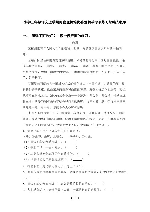 小学三年级语文上学期阅读理解培优补差辅导专项练习部编人教版