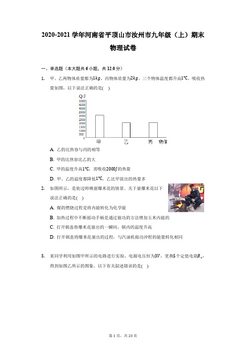 2020-2021学年河南省平顶山市汝州市九年级(上)期末物理试卷(附详解)