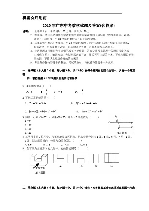 2010年广东省中考数学真题试题(含答案)