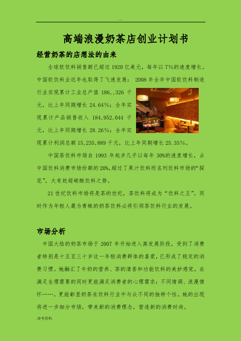 高端浪漫奶茶店项目创业计划书