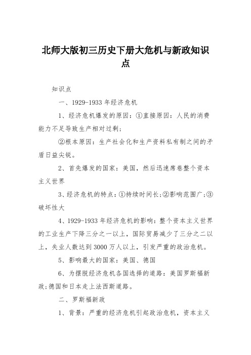 北师大版初三历史下册大危机与新政知识点