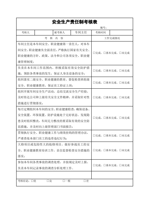 车间主任安全生产责任制考核表