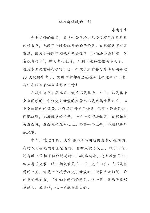 中考语文满分作文之就在那温暖的一刻含专家点评