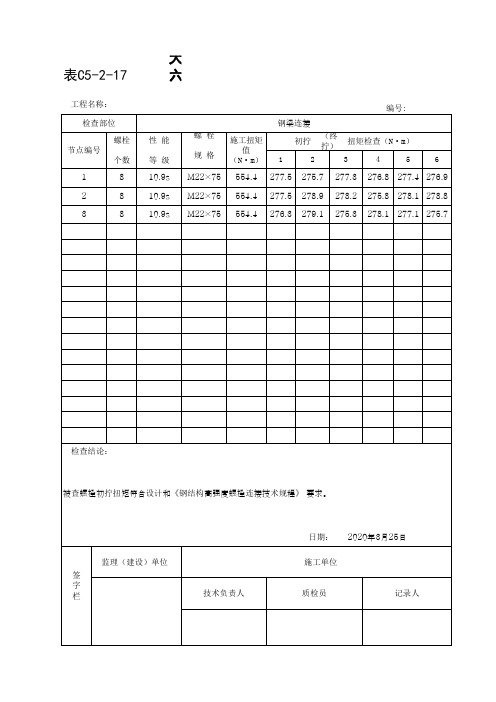 大六角高强度螺栓初柠(终拧)施工检查记录