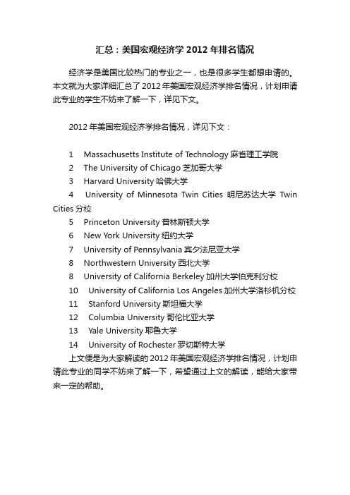 汇总：美国宏观经济学2012年排名情况