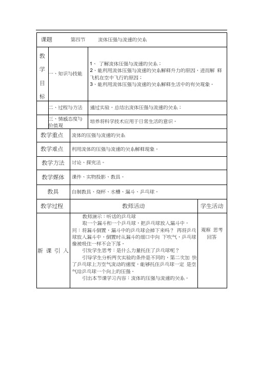 人教版初二物理下册第四节流体压强与流速关系