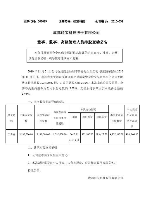 硅宝科技：董事、监事、高级管理人员持股变动公告 2010-11-04