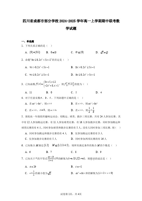 四川省成都市部分学校2024-2025学年高一上学期期中联考数学试题