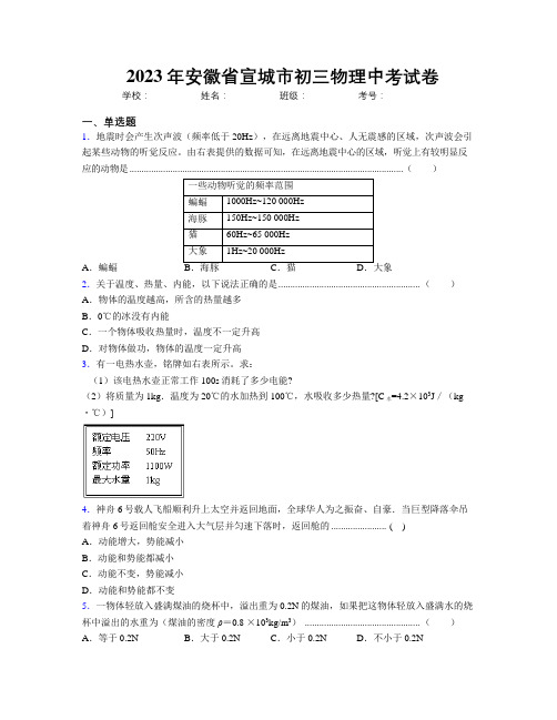 最新2023年安徽省宣城市初三物理中考试卷及解析