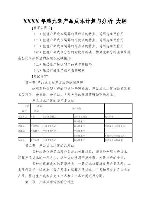XXXX年第九章产品成本计算与分析 大纲
