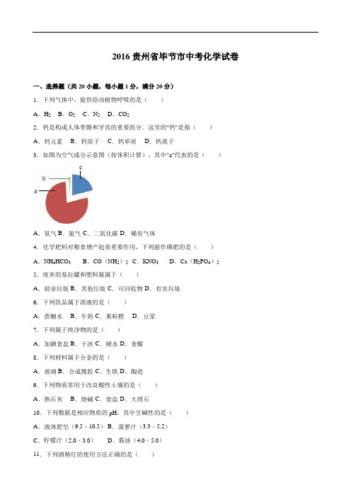 贵州省毕节市2016年中考化学试题(word版,含解析)