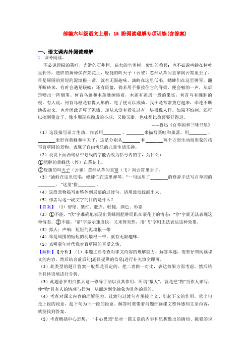 部编六年级语文上册：16 盼阅读理解专项训练(含答案)