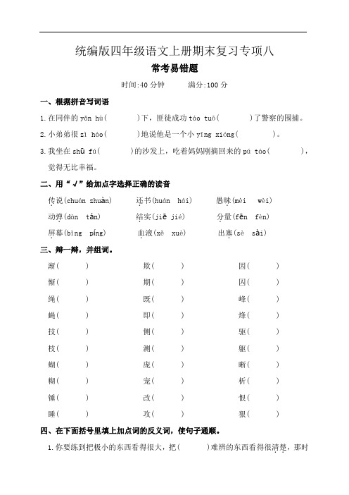 期末复习专项八常考易错题(专项训练)2024-2025学年统编版语文四年级上册