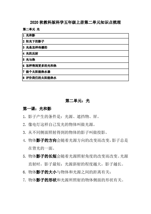 2020秋教科版科学五年级上册第二单元知识点梳理 附复习要点《光》