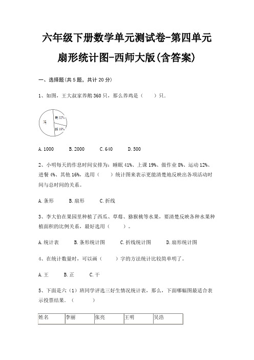 六年级下册数学单元测试卷-第四单元 扇形统计图-西师大版(含答案)