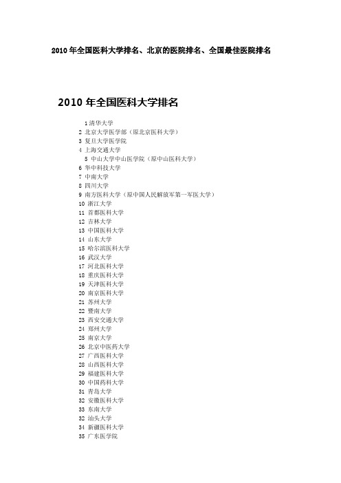 2010年全国医科大学排名、北京的医院排名、全国最佳医院排名