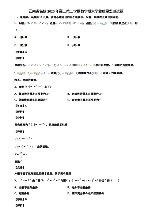 云南省名校2020年高二第二学期数学期末学业质量监测试题含解析