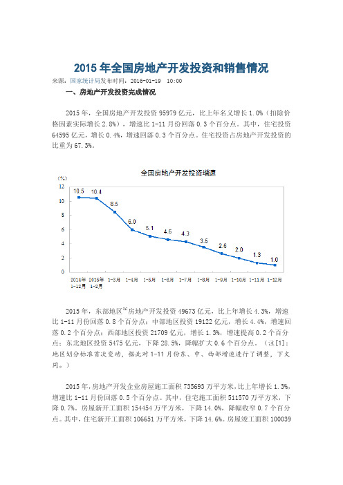 2015年全国房地产开发投资和销售情况