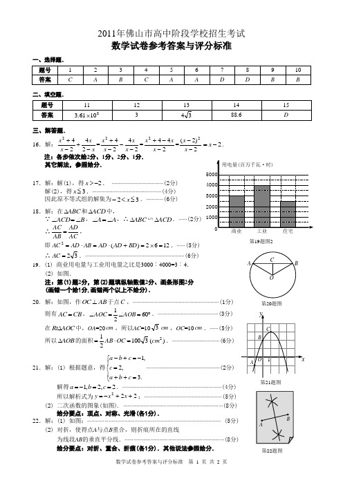 2011年佛山市中考数学试题答案