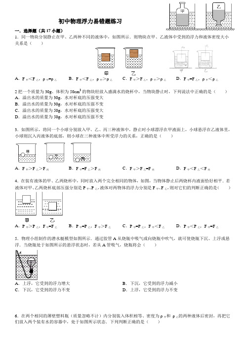 初中物理浮力易错题练习