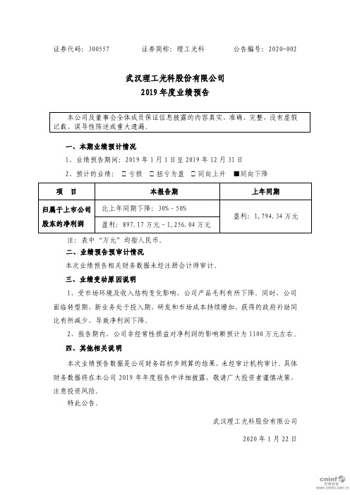 理工光科：2019年度业绩预告