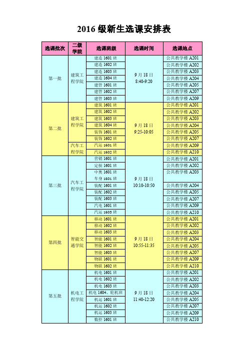 2016级新生选课安排表