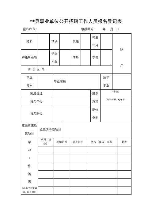 XX县事业单位公开招聘工作人员报名登记表【模板】(2)