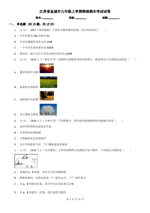 江苏省盐城市九年级上学期物理期末考试试卷