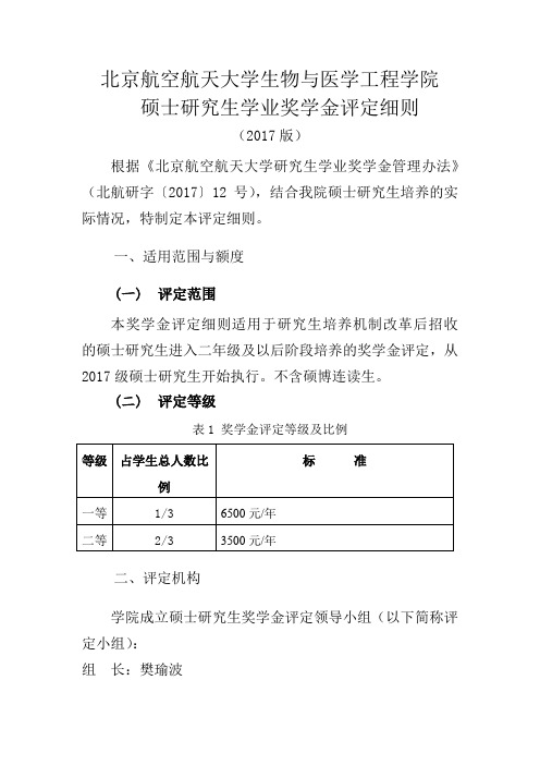 北航生物与医学工程学院硕士二年级学业奖学金评定细则