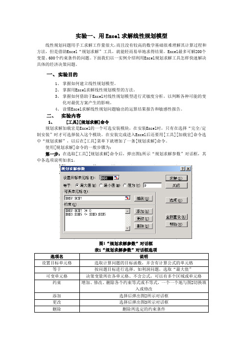 实验1用Excel求解线性规划模型