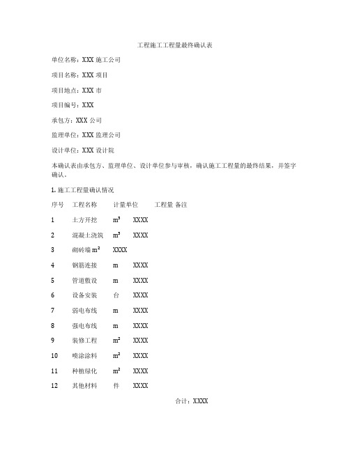 工程施工工程量最终确认表