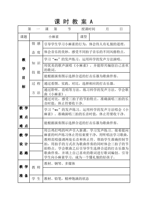 二年级上册音乐教案-1 《小麻雀》 ︳人音版 (五线谱)  (1)