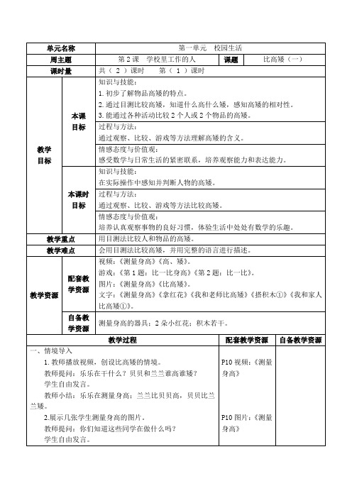 培智人教版数学一年级下册 比高矮(一) 第1课时