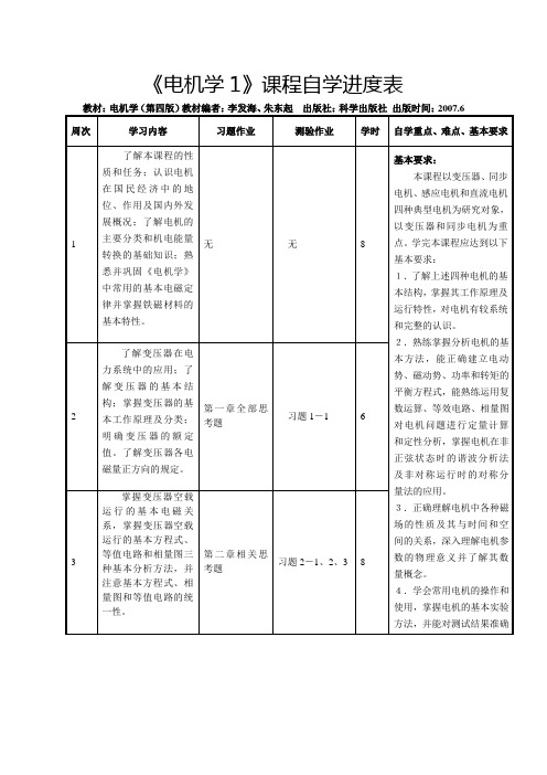 《电机学1》课程自学进度表