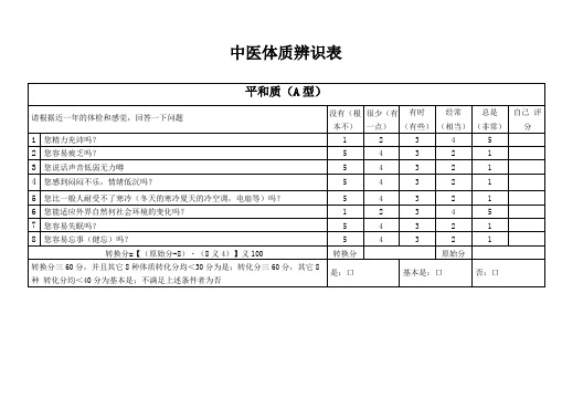 中医体质辨识表