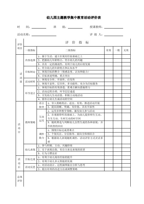 幼儿园主题教学集中教育活动评价表