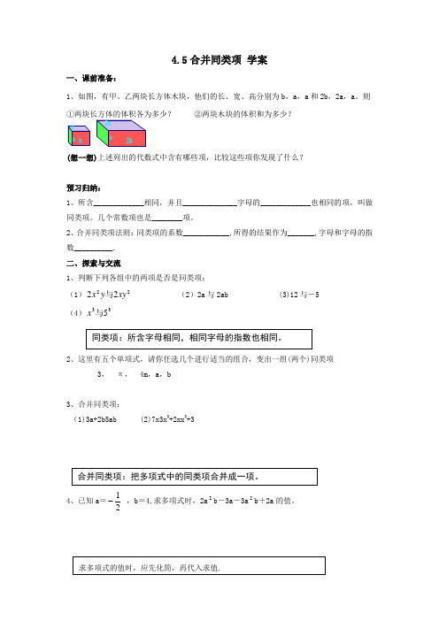 数学4.5合并同类项学案(浙教版七年级上)