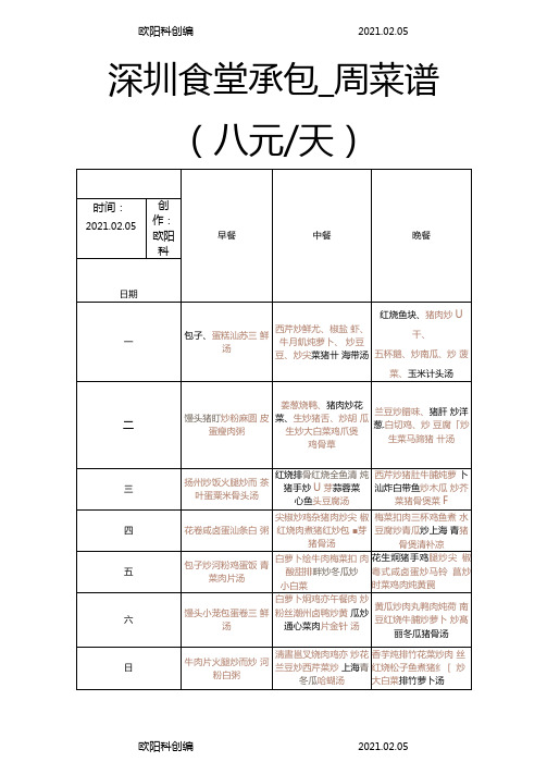 企业员工食堂菜谱之欧阳科创编