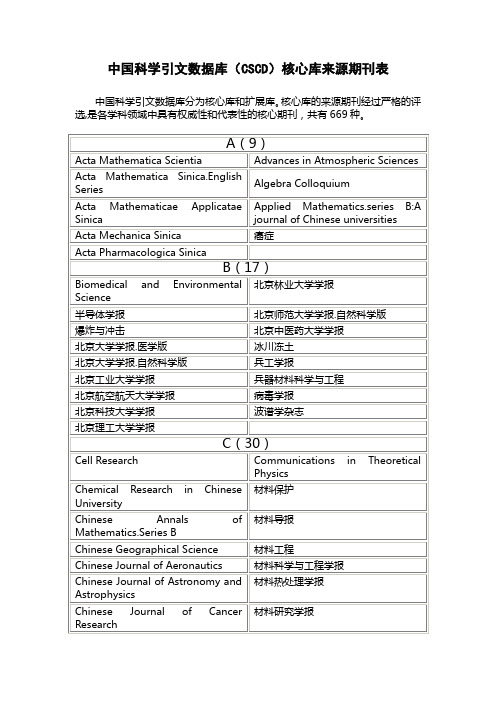 中国科学引文数据库(CSCD)核心库来源期刊表