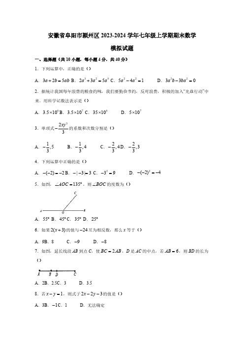 安徽省阜阳市颍州区2023-2024学年七年级上册期末数学模拟试题(附答案)