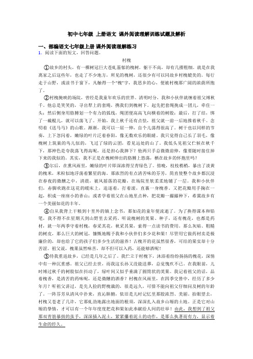 初中七年级 上册语文 课外阅读理解训练试题及解析