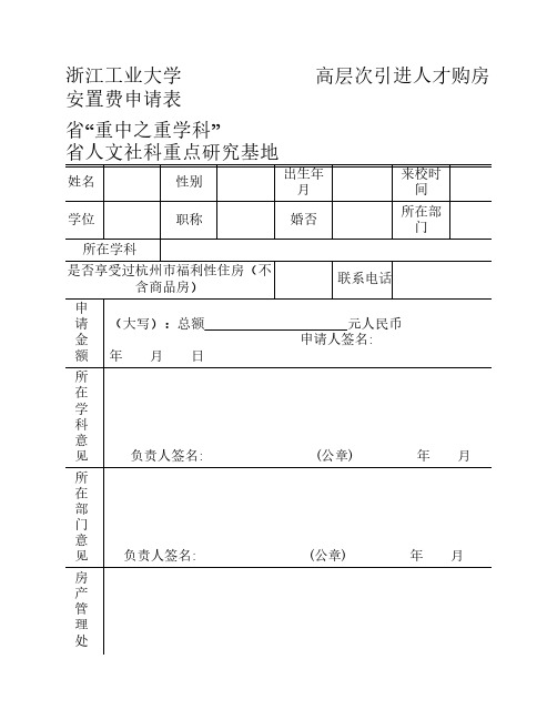 浙江工业大学 高层次引进人才购房安置费申请表