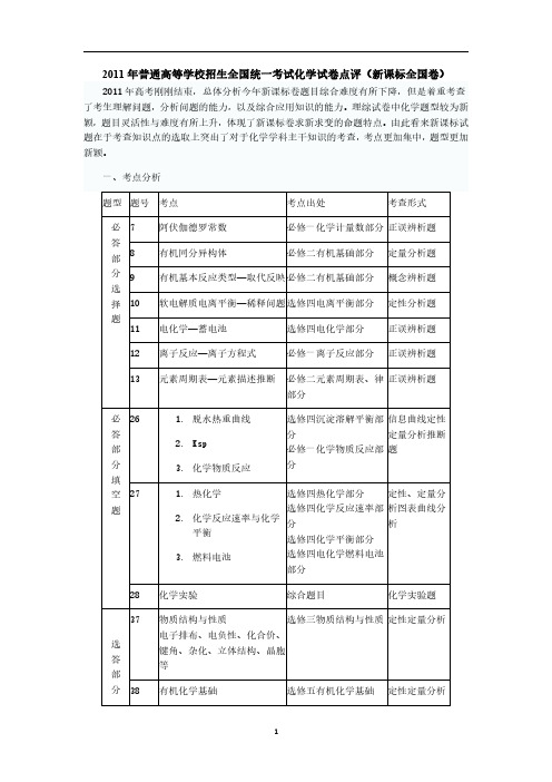 2011年高考理综化学试题点评(新课标全国卷)