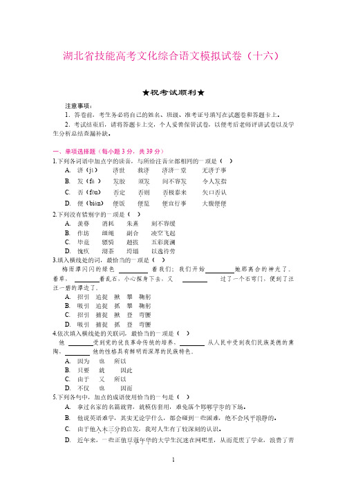 湖北省技能高考文化综合语文模拟试卷(十六)