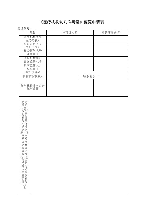 医疗机构制剂许可证变更申请表